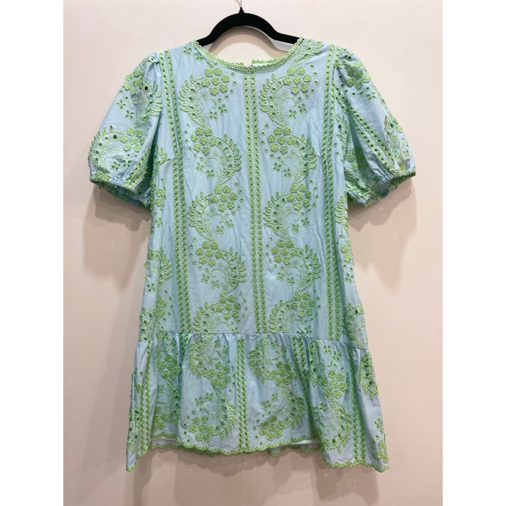 Melloday Puff Sleeve Drop Waist Mini Dress M Eyelet Embroidered Preppy Garden